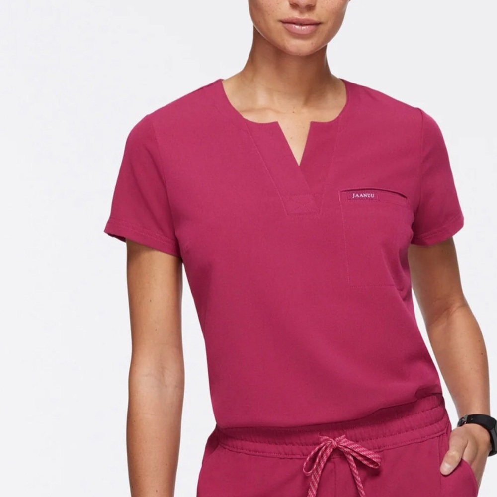 Jaanuu Women's 1-Pocket Tuck-In Scrub Top Deep Fuchsia Size X Small